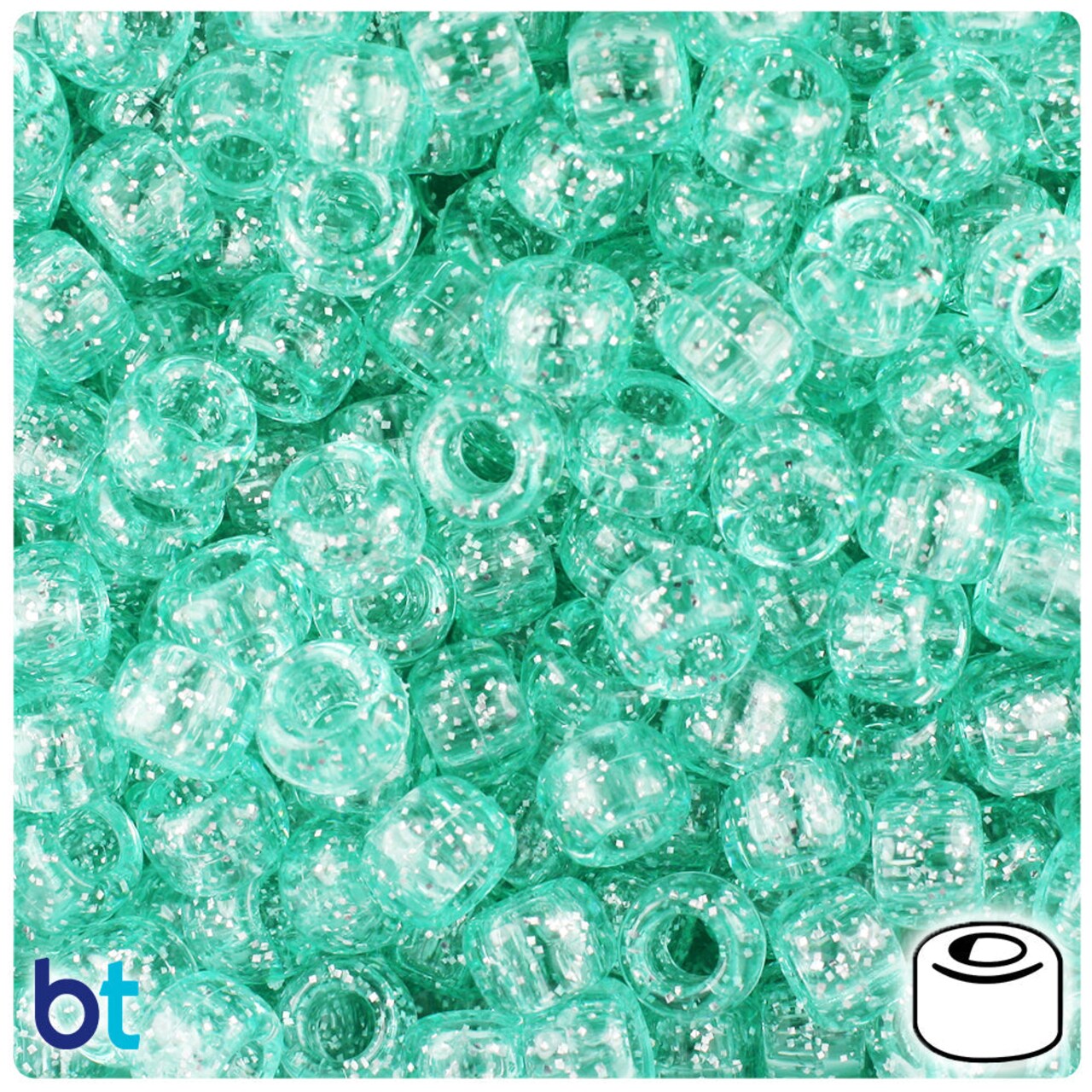 BeadTin Green Aqua Sparkle 9mm Barrel Plastic Pony Beads (500pcs)